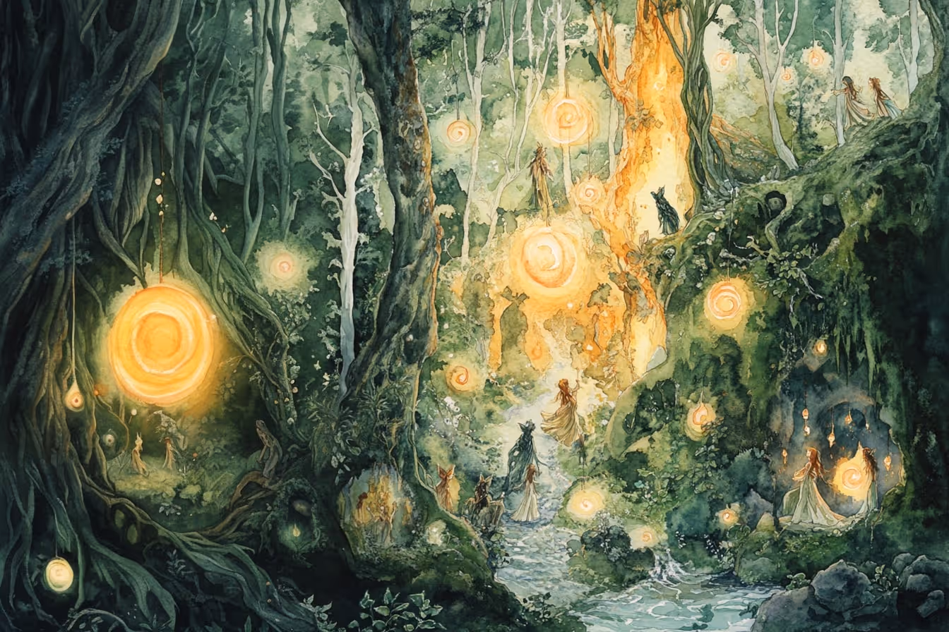 Kreslená ilustrace lesních bytostí a elementálů
