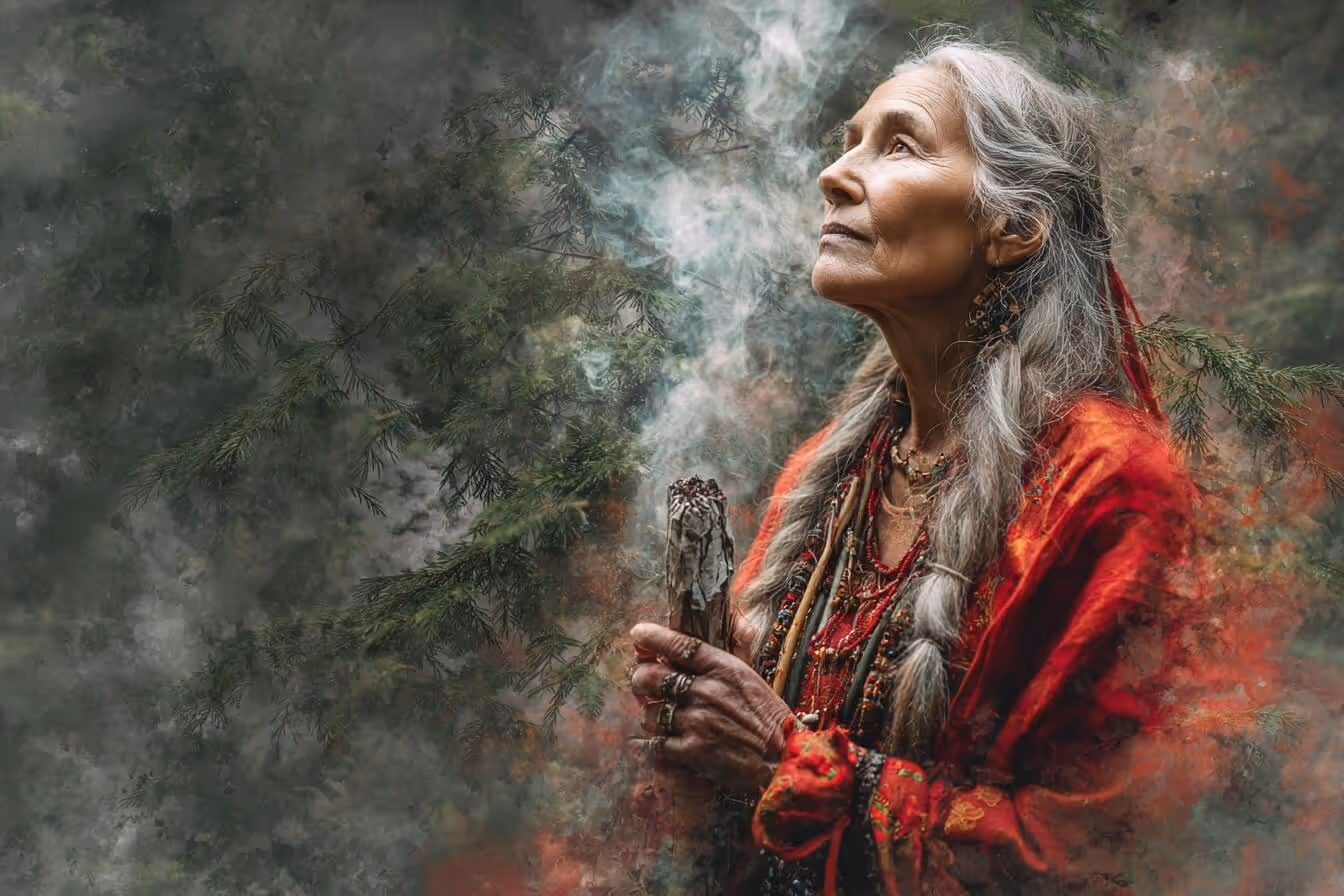 Ilustrace starší ženy s bílými vlasy vykuřující prostor bílou šalvějí