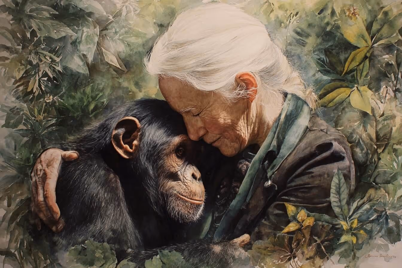 Ilustrace Jane Goodall v ikonickém objetí se šimpanzem