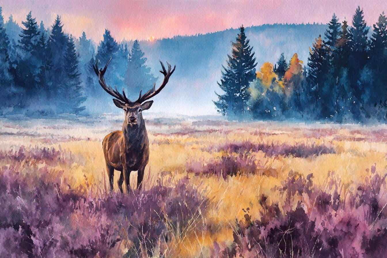 Ilustrace jelena v podzimní šumavské krajině