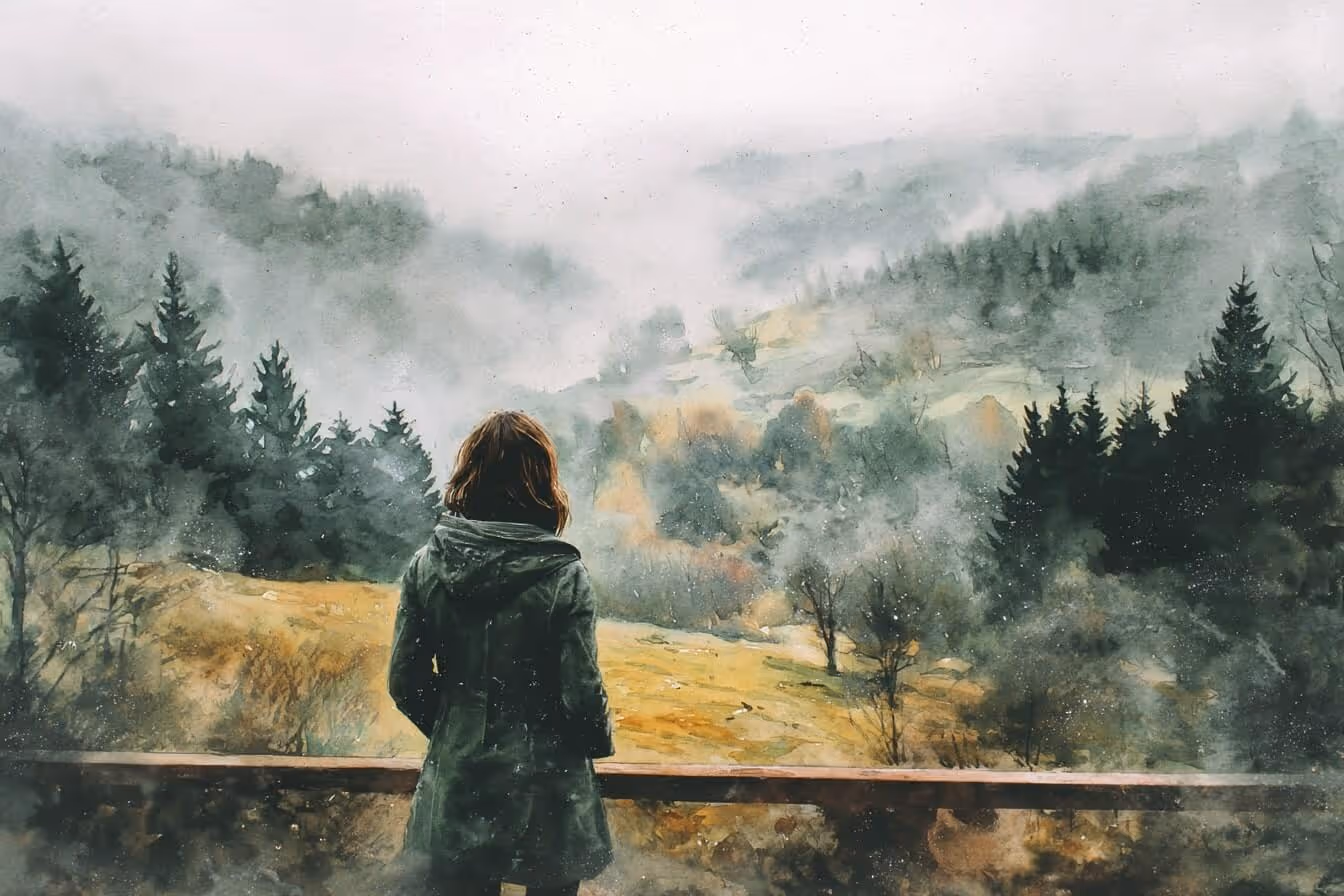 Ilustrace mladé ženy dívající se na ponurou šumavskou přírodu