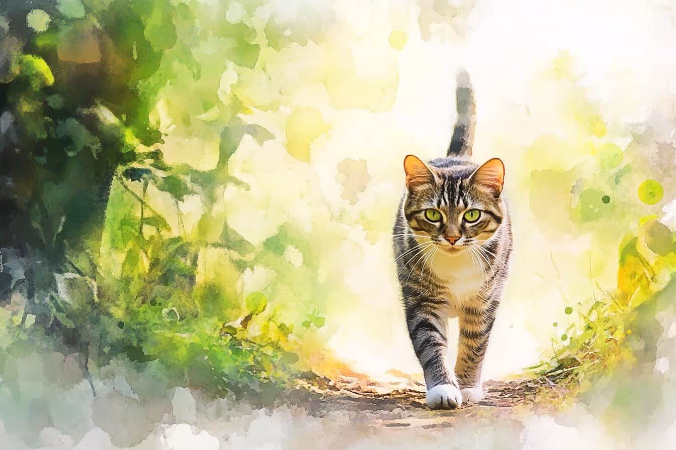 Ilustrace kočka kráčející po lesní cestě: Symbol komunikace se zvířaty