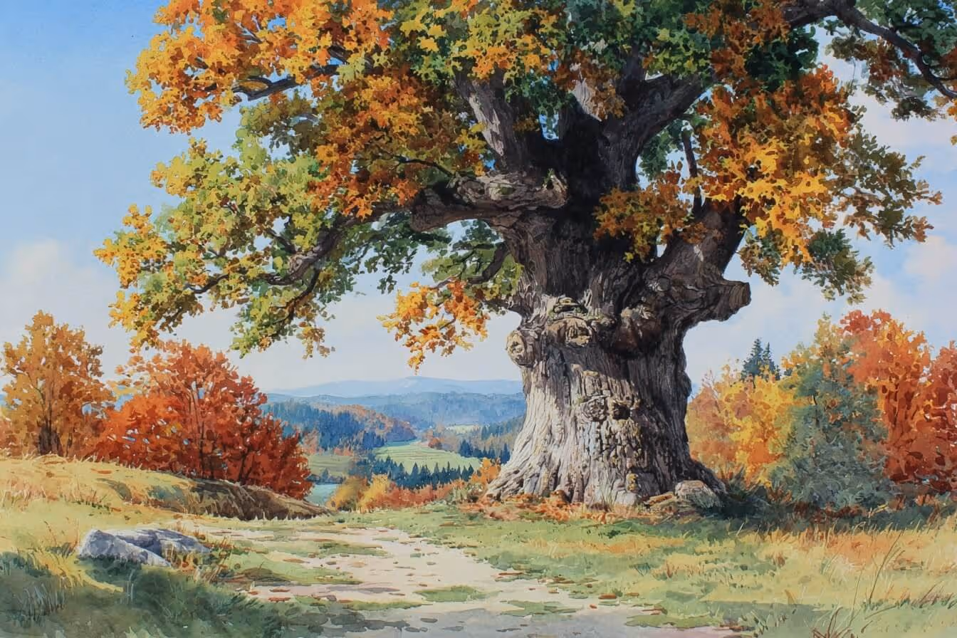Ilustrace: Starý dub jako symbol síly, zakořenění a moudrosti přírody