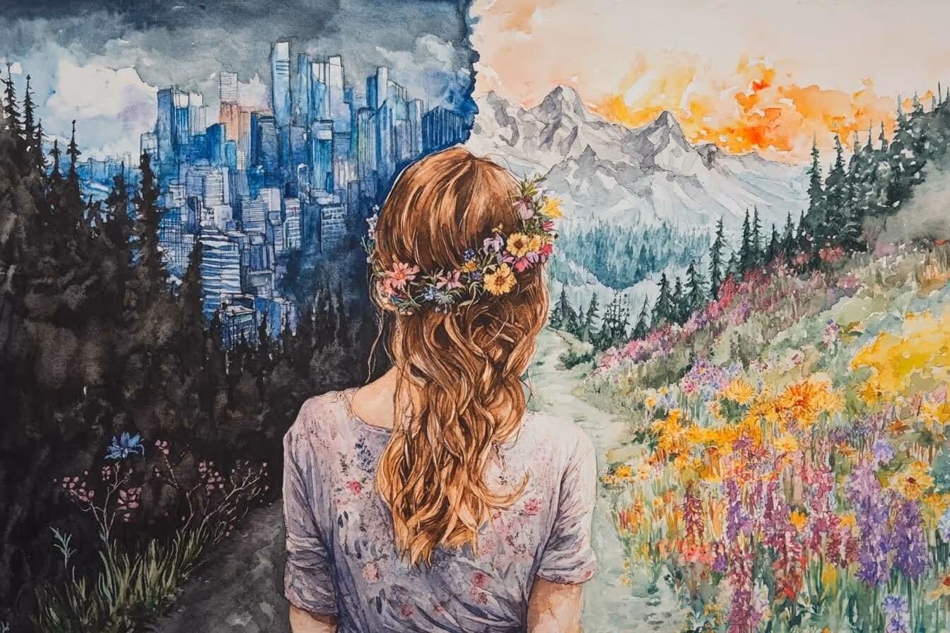 Ilustrace dívky na prahu volby město vs příroda