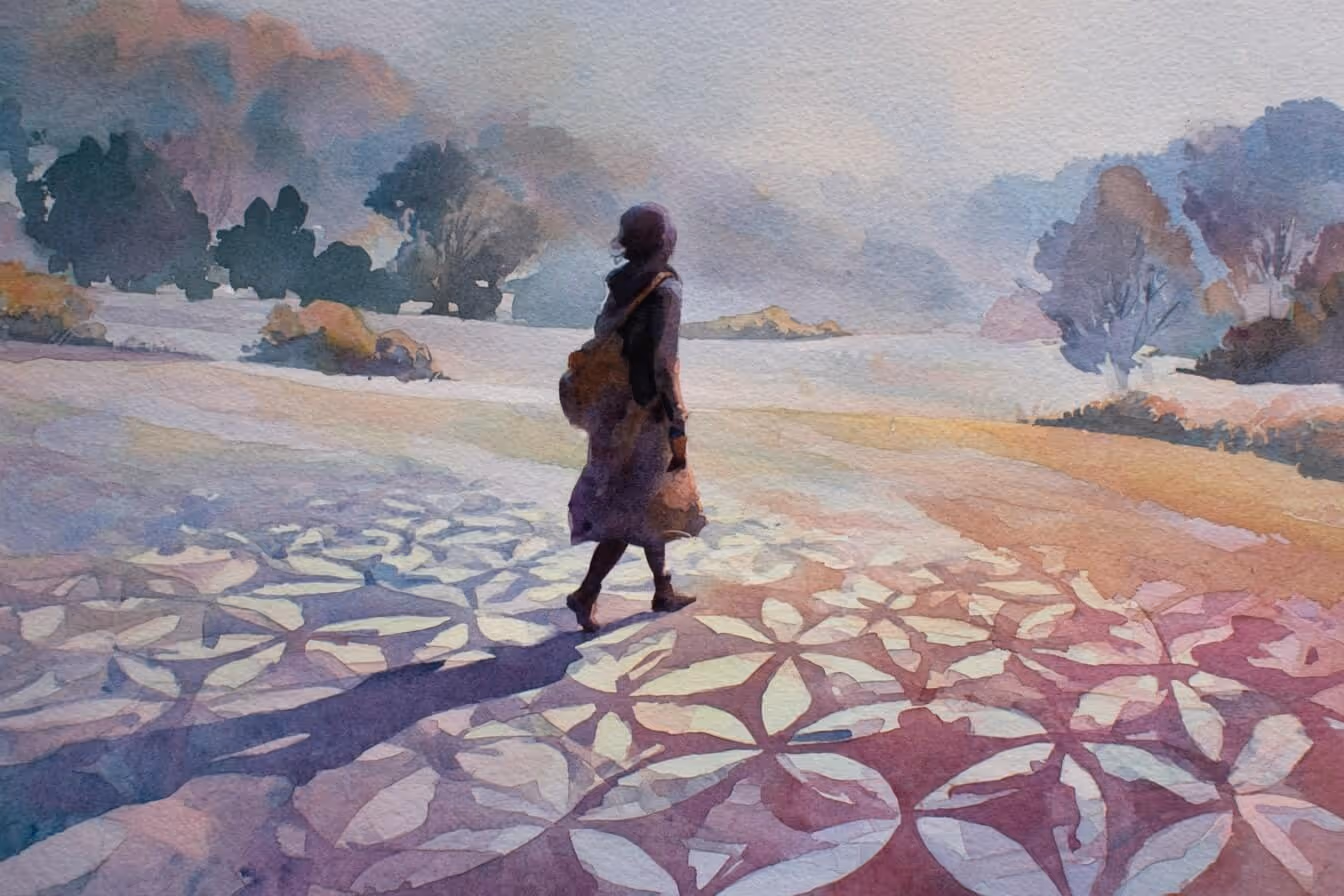 Ilustrace ženy procházející se přírodou a pod ní vzory posvátné geometrie jako symbol synchronicit ve světě