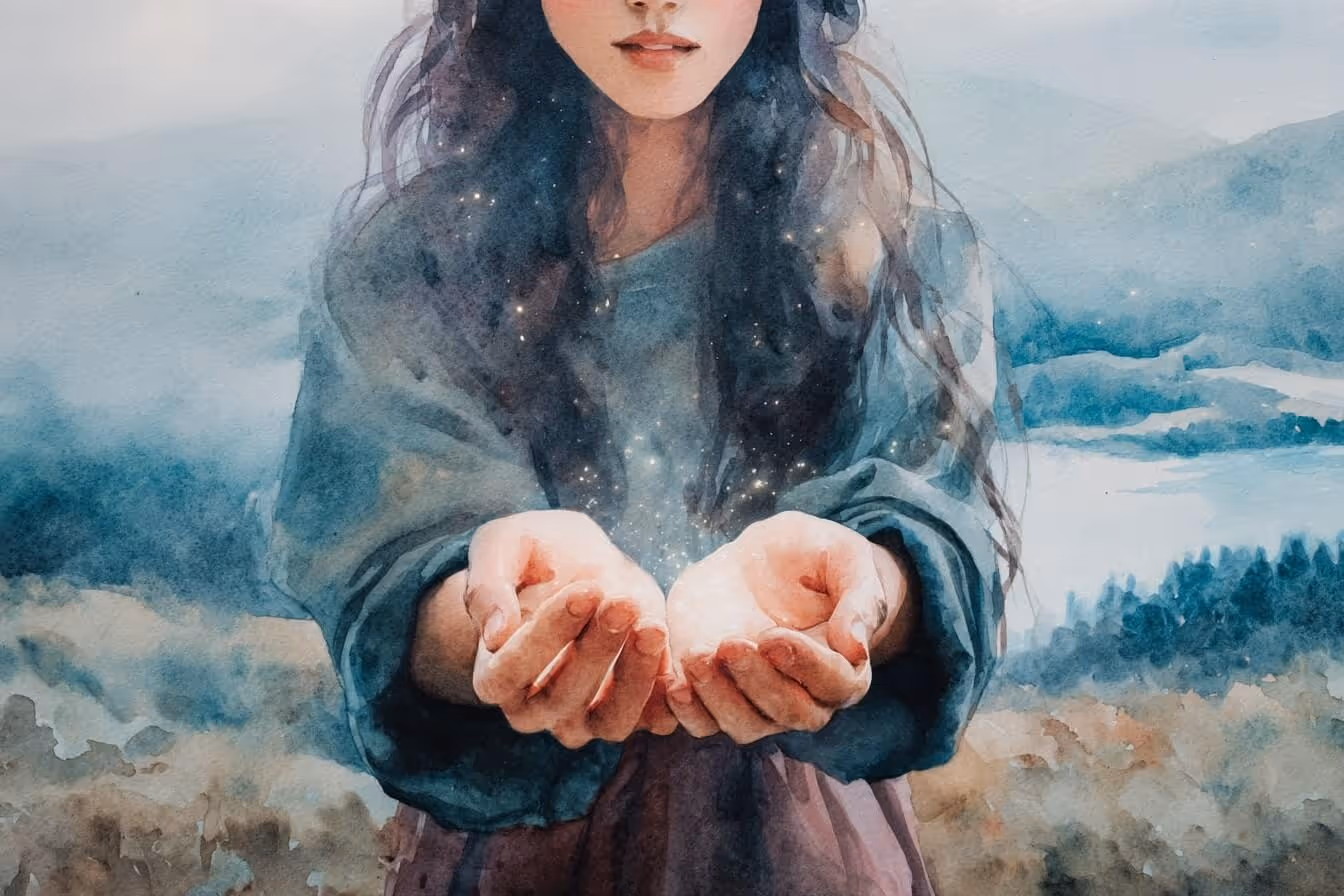 Ilustrace dívky držící v rukách zářící energii jako symbol svobodné duše