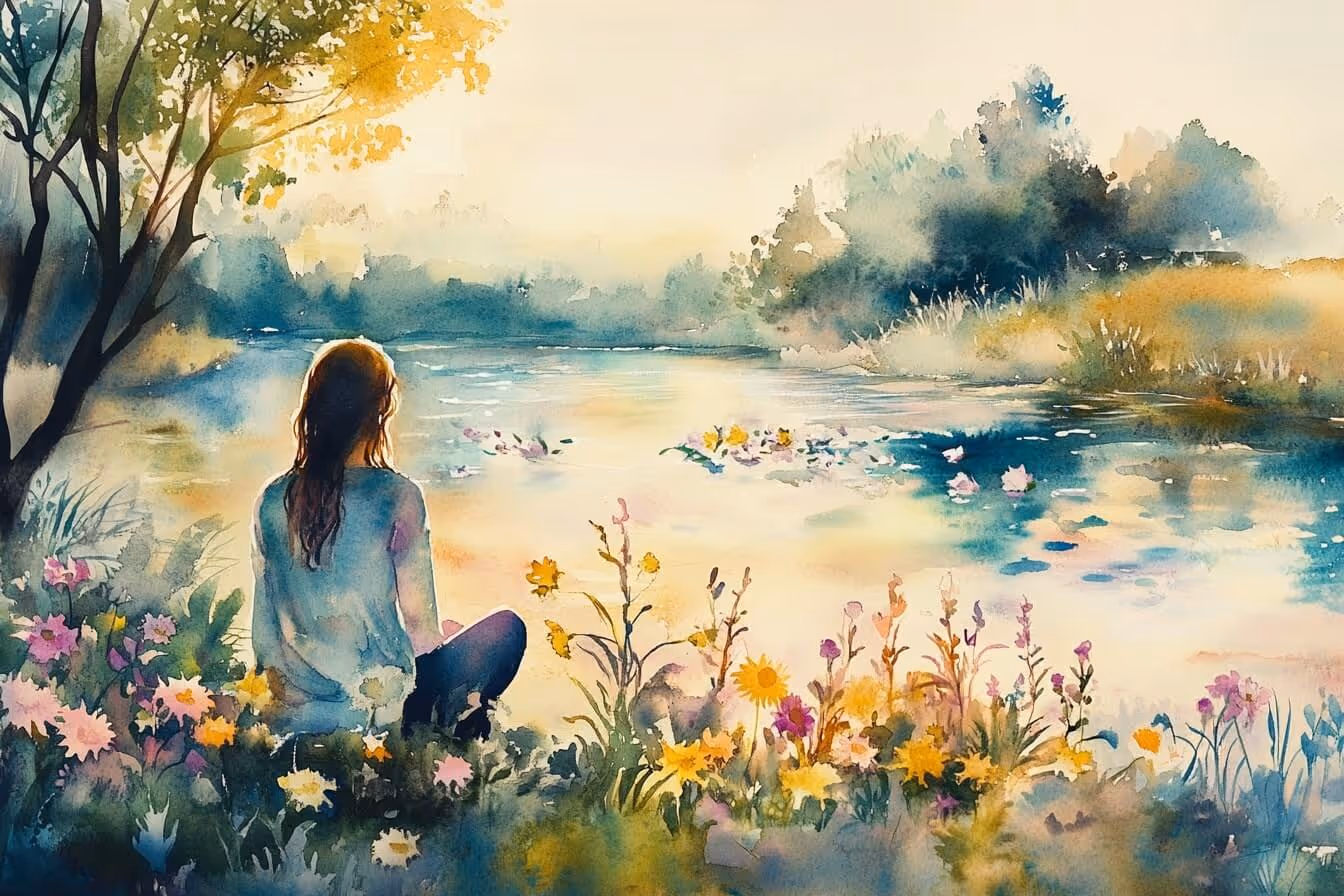Ilustrace ženy sedící u řeky jako symbol toku hojnosti