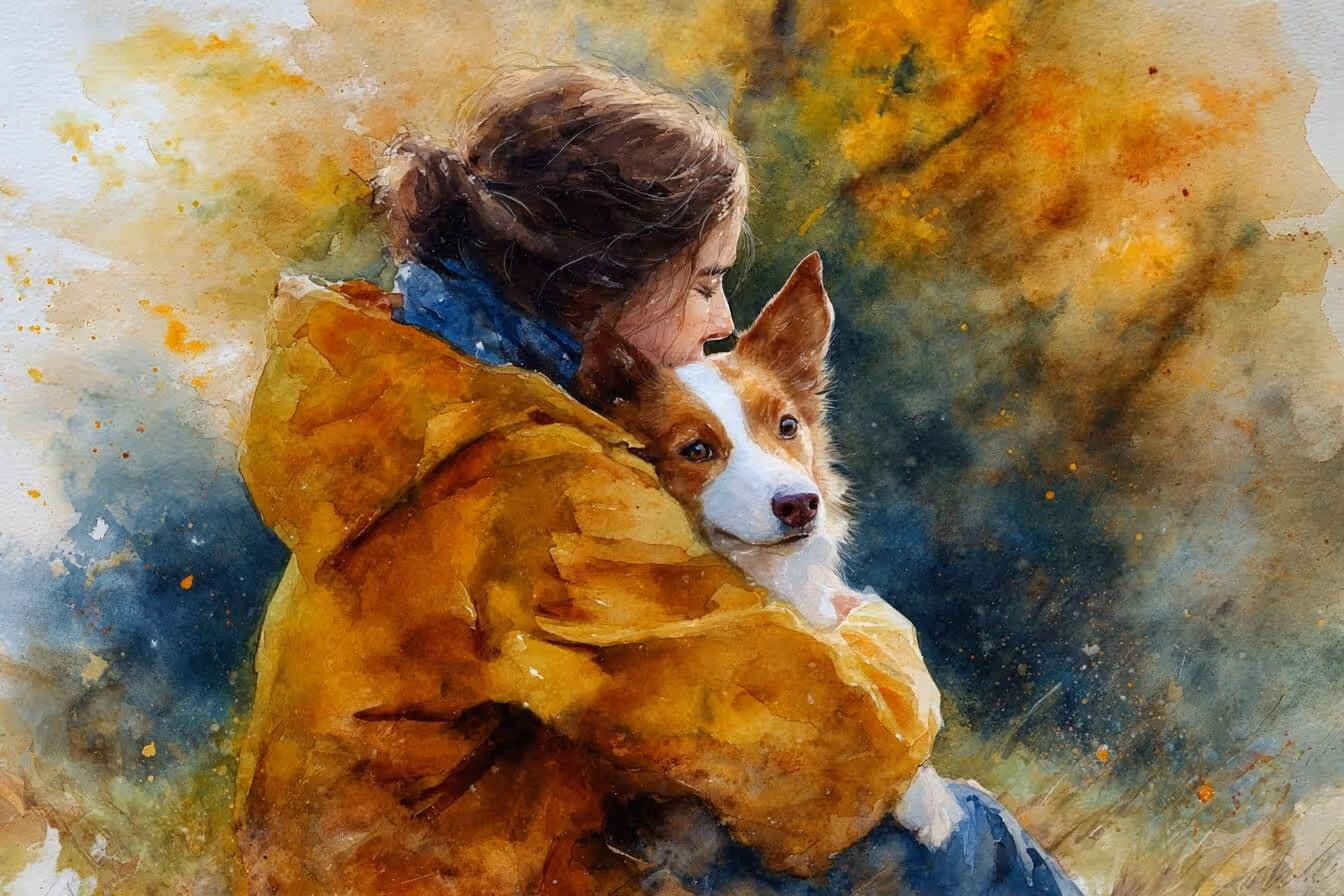 Ilustrace mladé ženy objímající láskyplně svého pejska