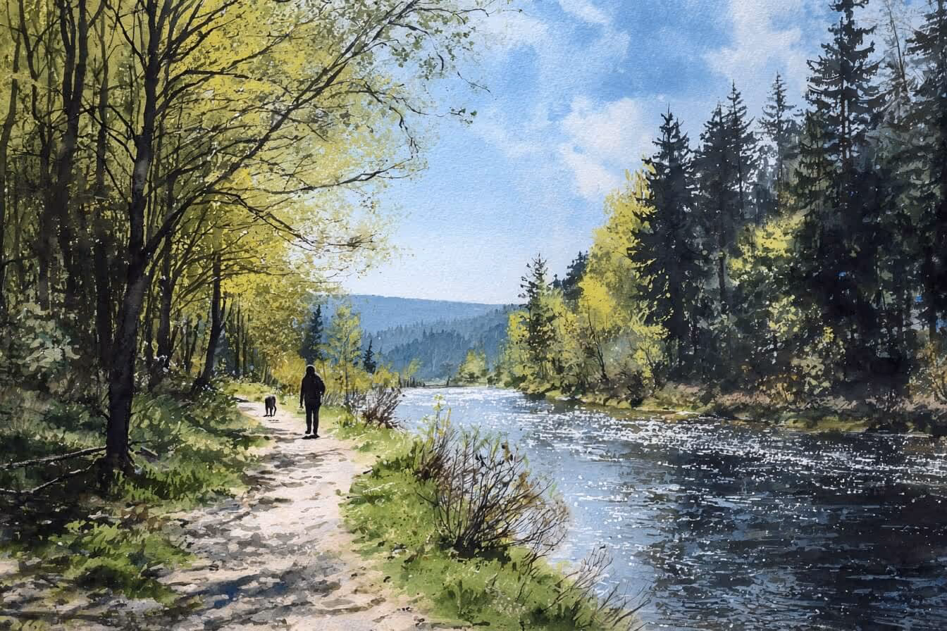 Ilustrace české krajiny s lesy a řekou