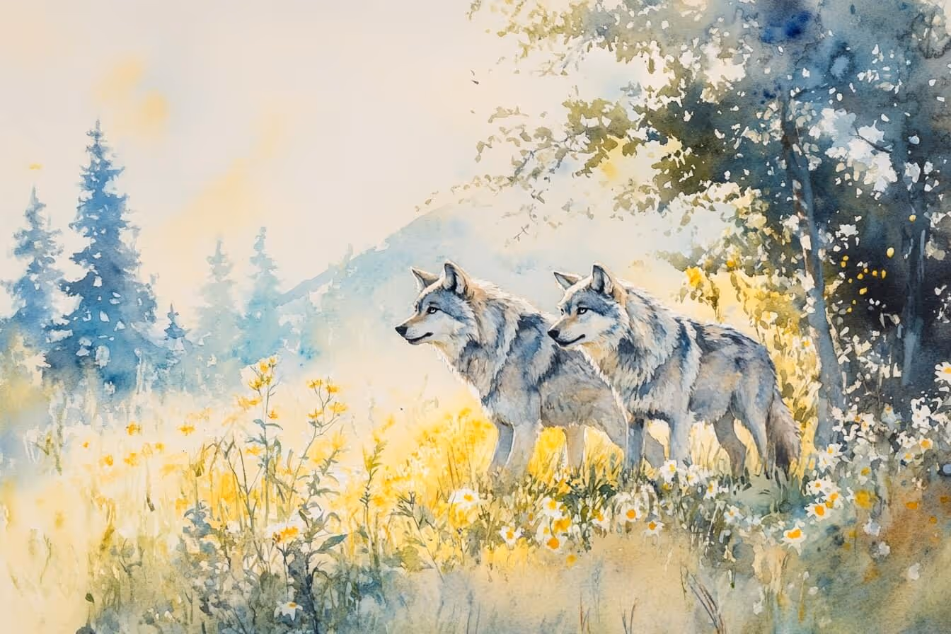 Ilustrace dvou vlků v šumavské krajině