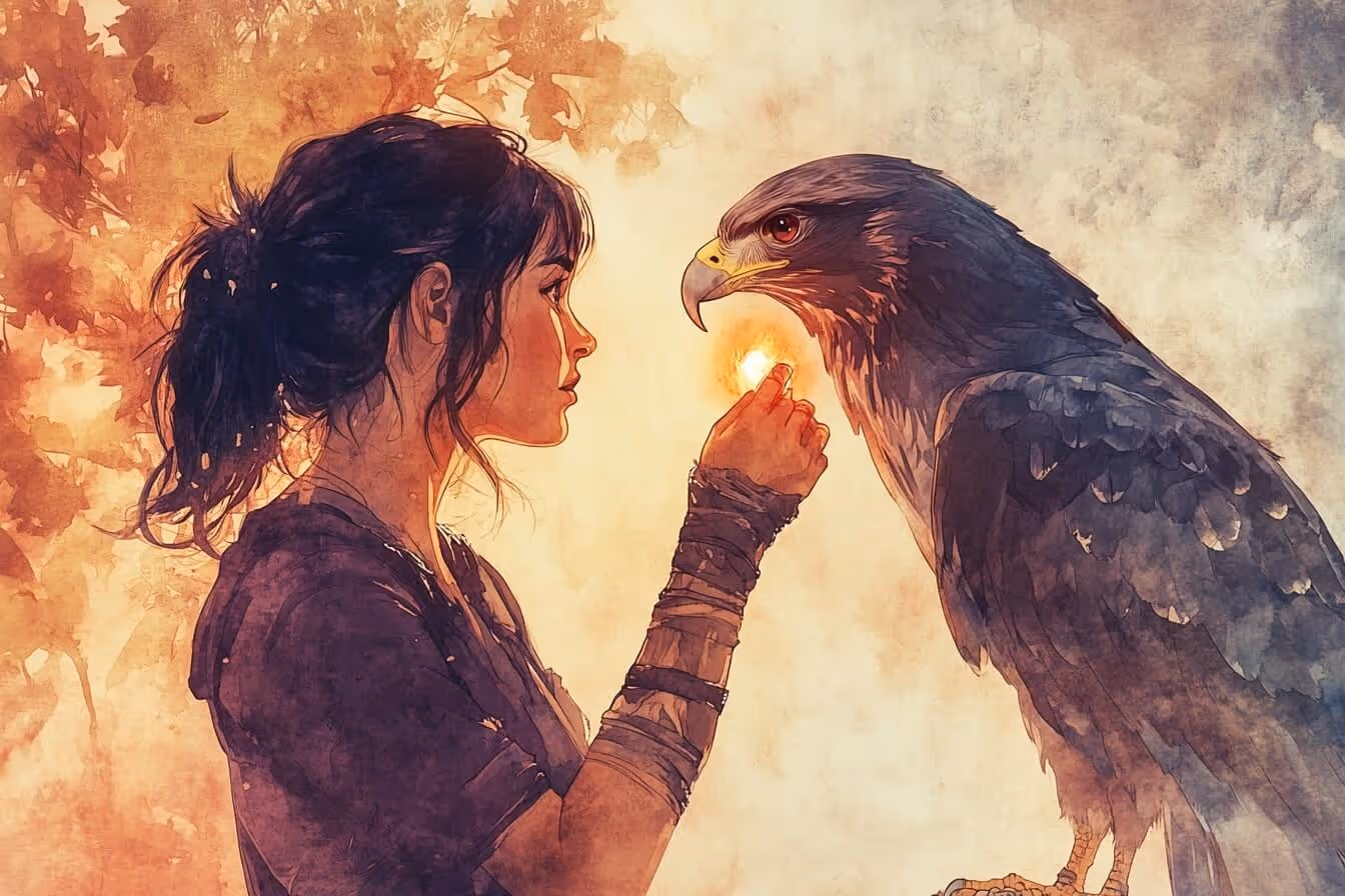 Akvarelová ilustrace ženy v jemném propojení se zvířetem – mladý jestřáb jako symbol duševního spojení a energetické komunikace
