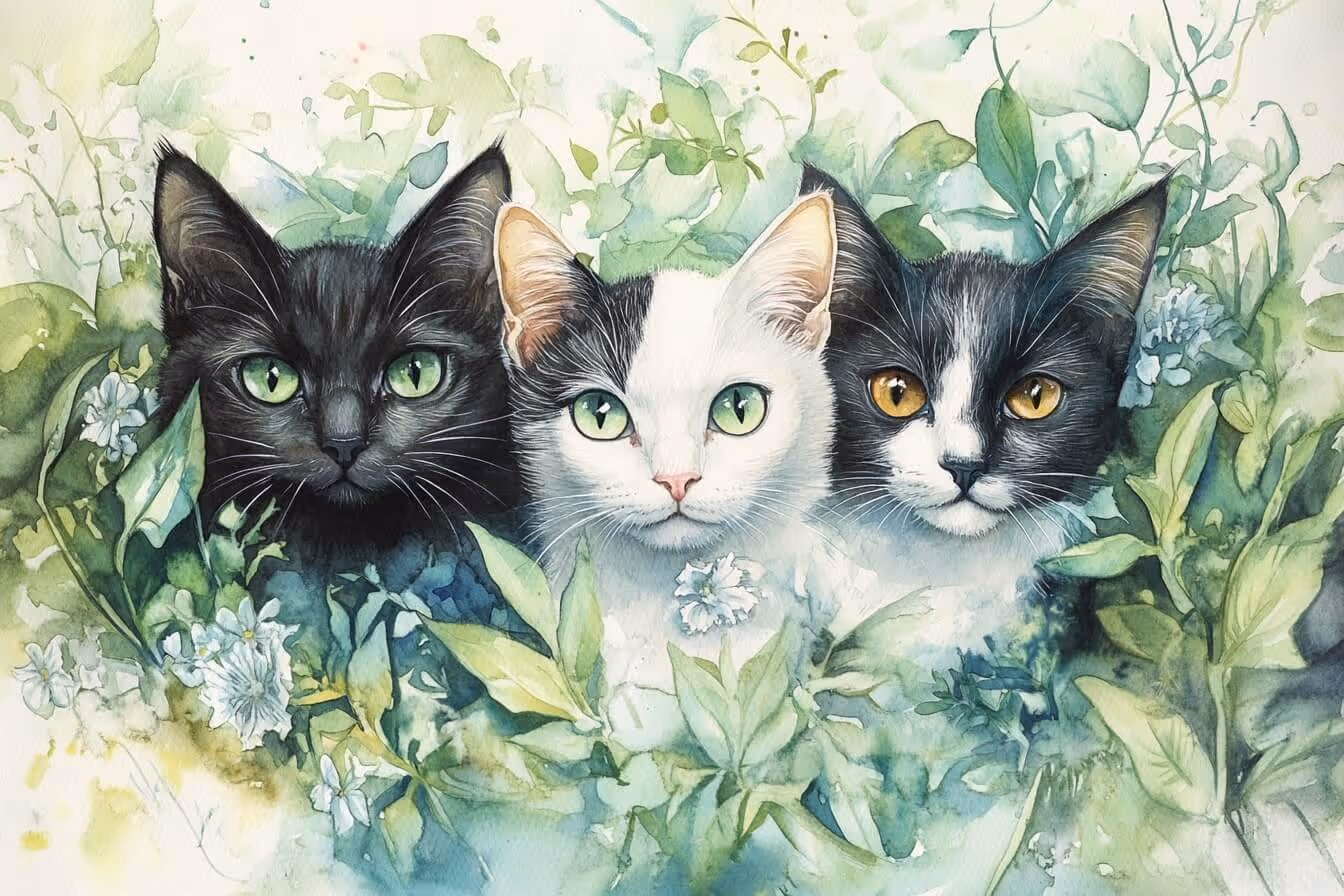 Tři kočky symbolizující spirituální archetypy – černá čarodějka, bílá léčitelka a černobílá prorokyně – jako posvátné bytosti propojené s jinými světy