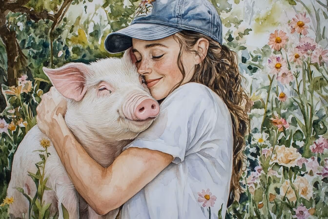 Ilustrace mladé ženy objímající prasátko