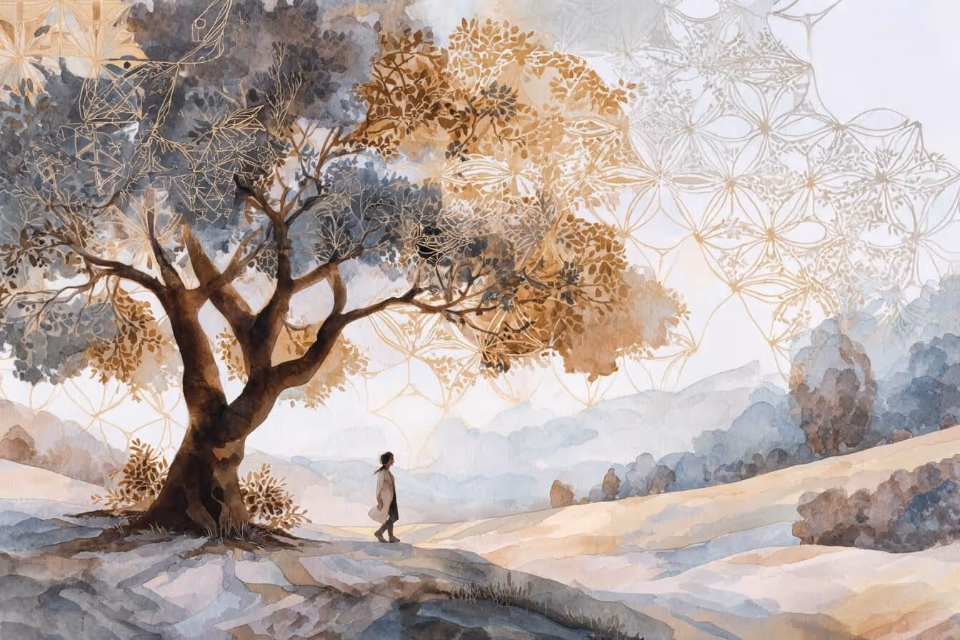 Ilustrace stromu, ženy a posvátné geometrie: symbol propojenosti všeho v přírodě