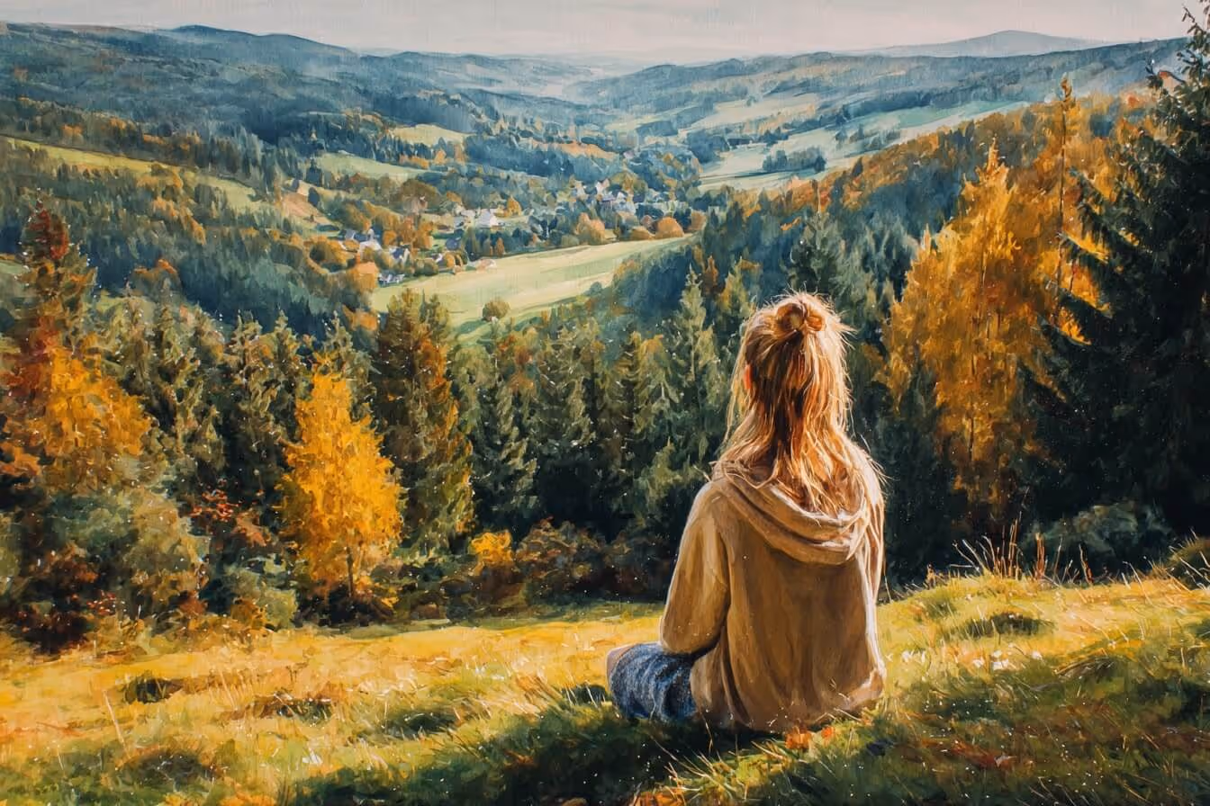 Ilustrace mladé ženy dívající se na šumavskou podzimní krajinu