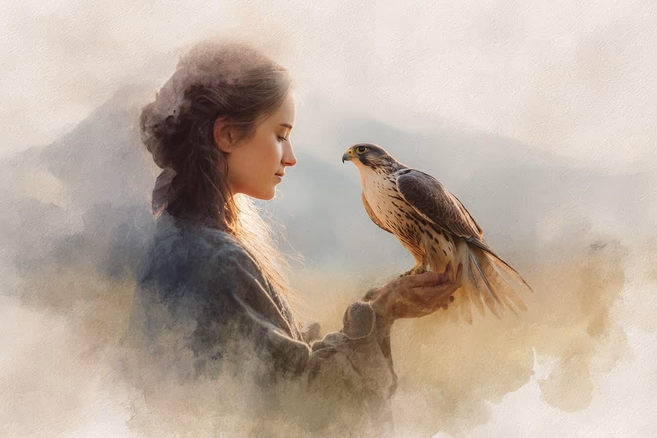 Ilustrace mladé ženy a sokola, symbol propojení se zvířaty