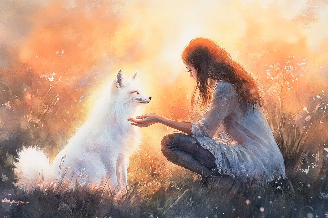 Ilustrace mladé dívky a lišky jako duchovního průvodce