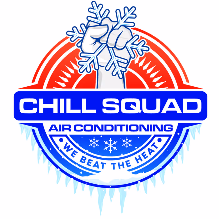 Logo of Chill Squad Air Conditioning showing a hand holding a snowflake against a red sunburst background, with blue icicles and snowflakes and the slogan 'We Beat The Heat'.