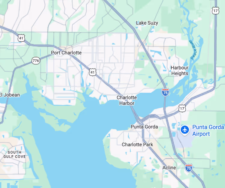 Service area map showing Port Charlotte and Punta Gorda, FL and nearby communities served by our HVAC company