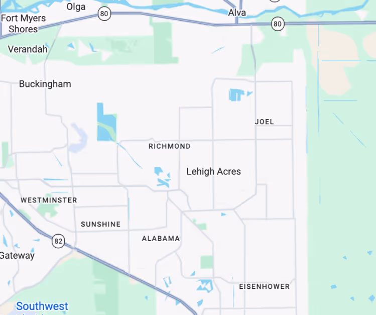 Service area map showing Lehigh Acres, FL and nearby communities served by our HVAC company