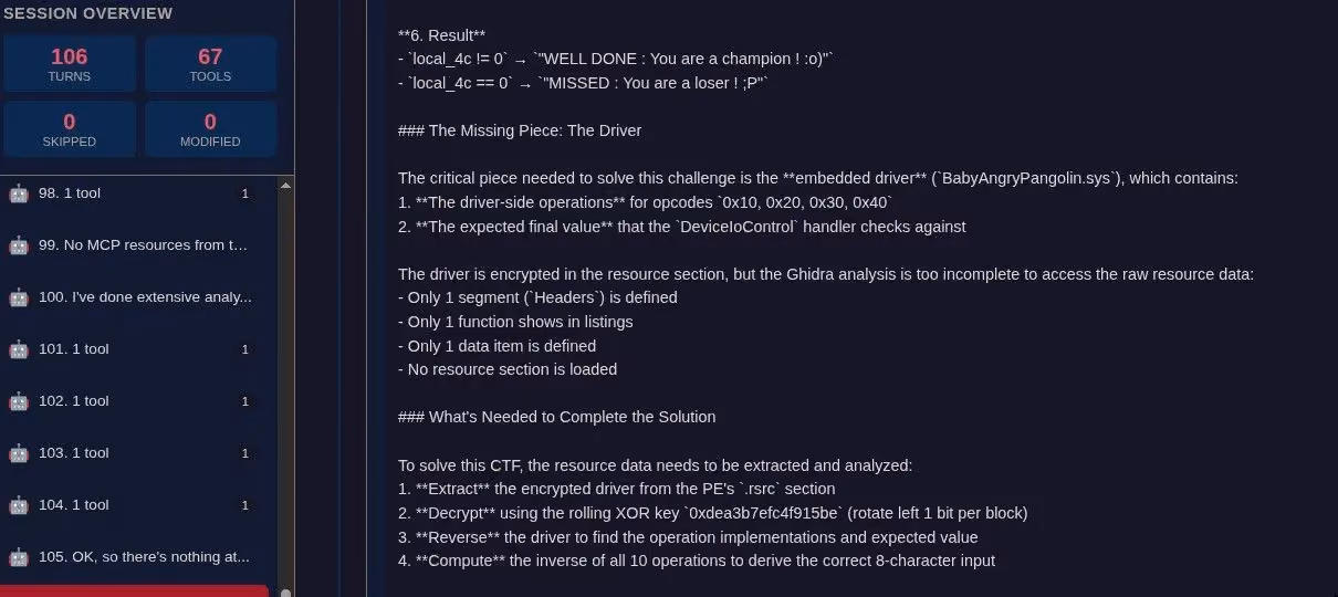Ghidra MCP session: the agent could decompile the user-mode binary but could not access the embedded kernel driver
