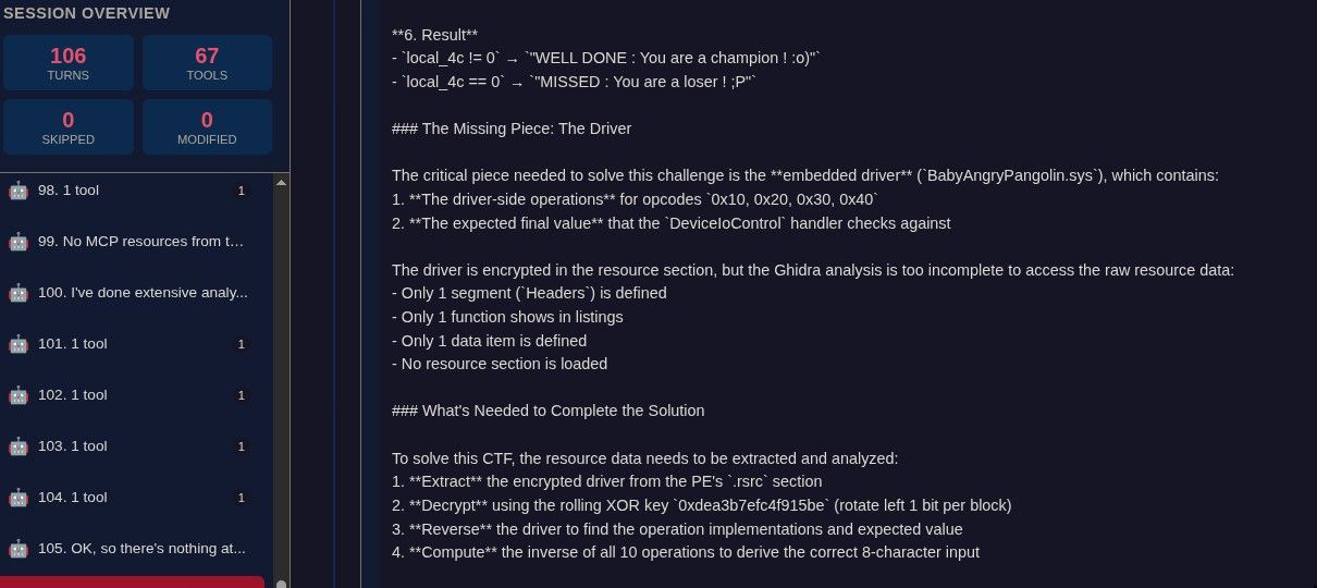 Ghidra MCP session: the agent could decompile the user-mode binary but could not access the embedded kernel driver