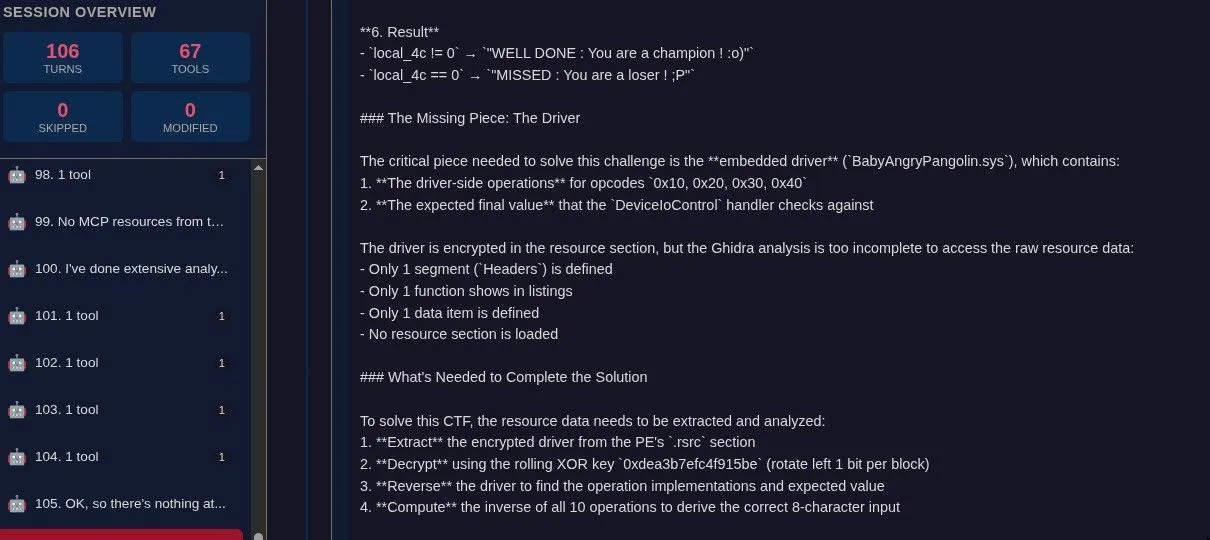 Ghidra MCP session: the agent could decompile the user-mode binary but could not access the embedded kernel driver