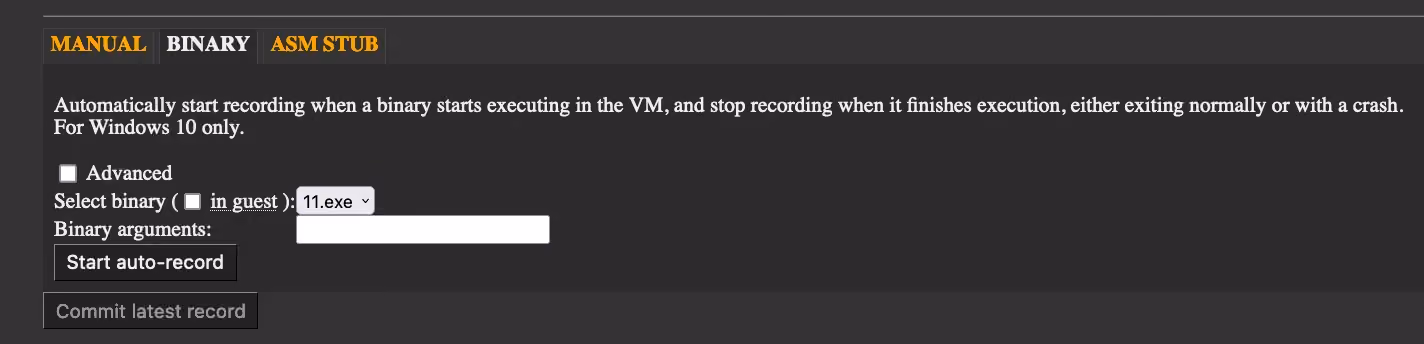Binary recording feature in the Project Manager
