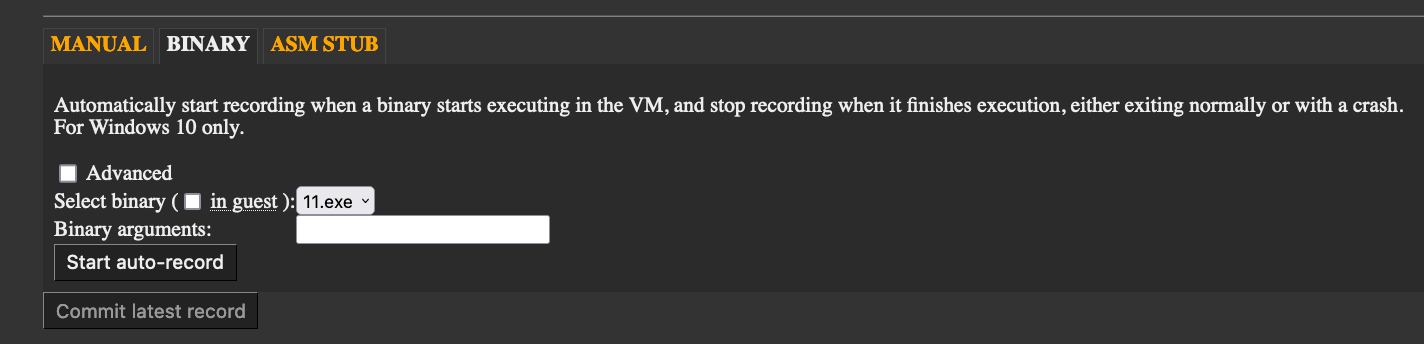 Binary recording feature in the Project Manager