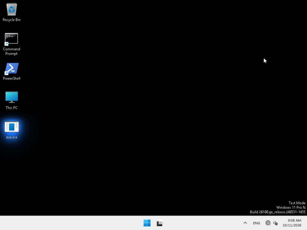 The VM desktop after the transfer, with ave.exe