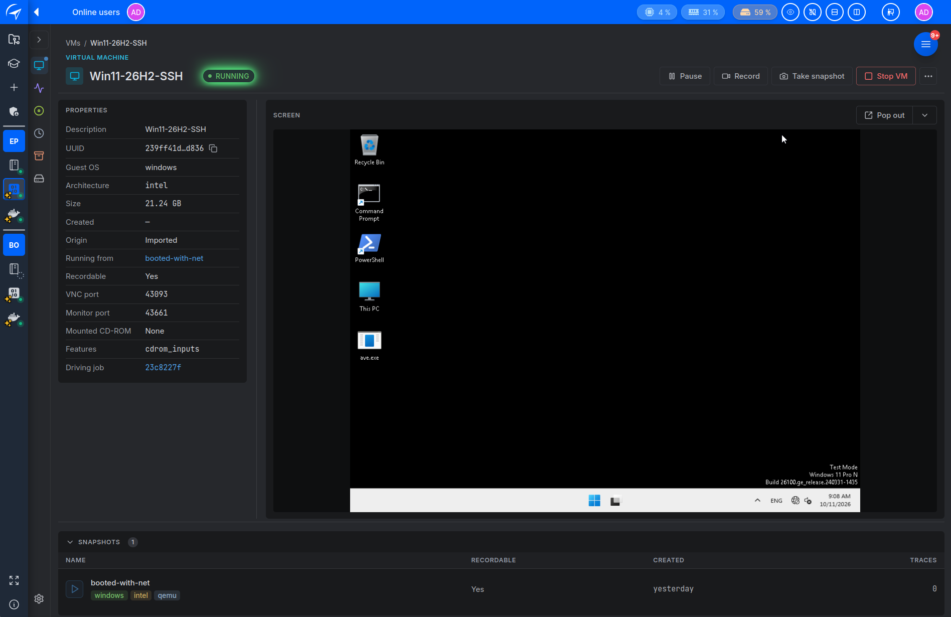 The VM running, before recording