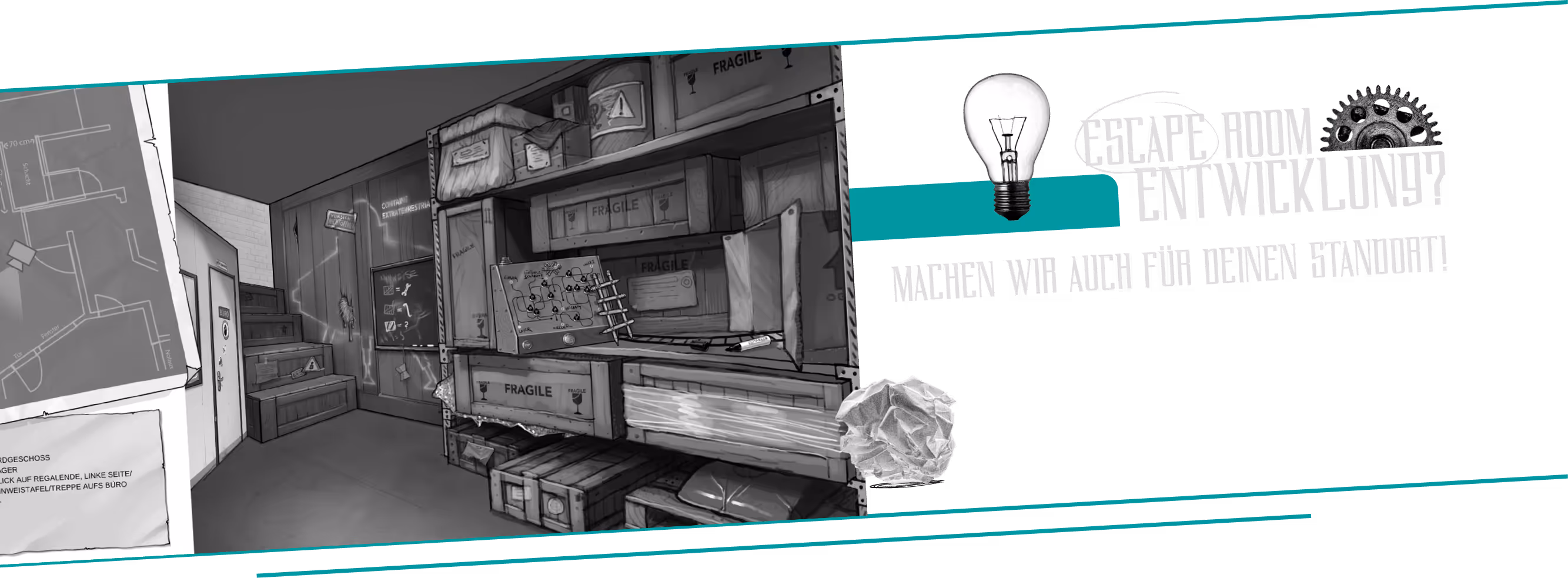Skizzen und Warenlager mit Kisten, daneben Text: Escape Room Entwicklung für deinen Standort.