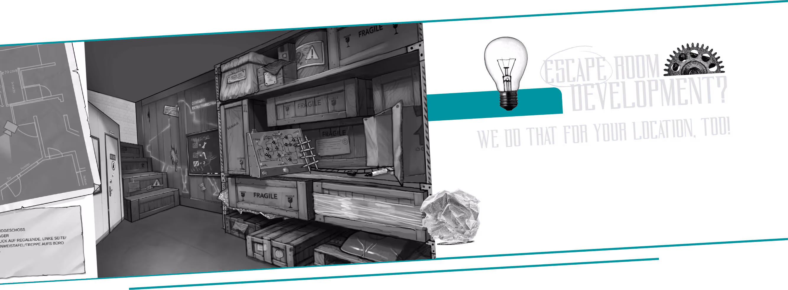 Ein Bild mit der Aufschrift: Escape Room Entwicklung? Machen wir auch für dich! Eine Verlinkung zur Escape Room Bau Website - Exodus Crafter.