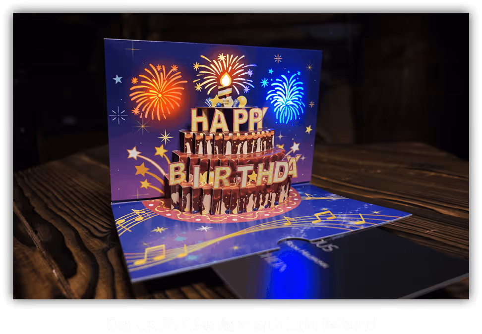 Pop-up-Grußkarte für einen Escape Room mit einem beleuchteten und klingelnden Geburtstagskuchen und Feuerwerk im Hintergrund.