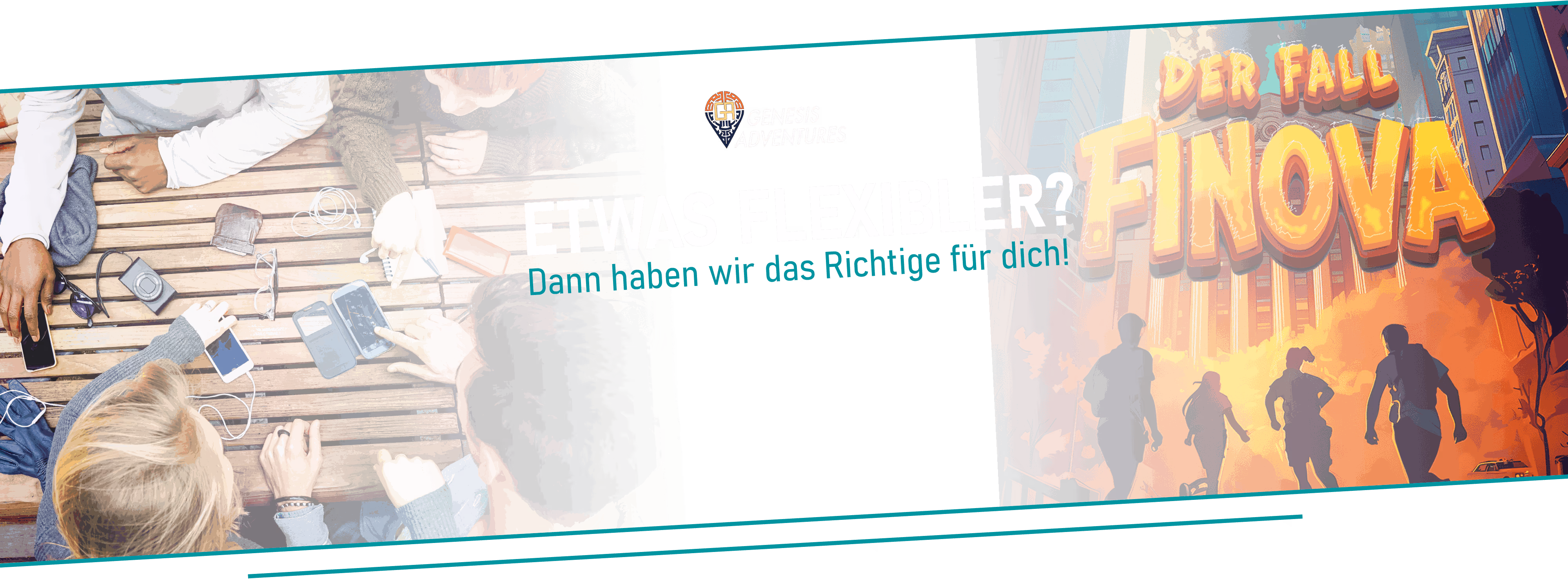 Ein Bild von der einer Gruopoe Jugendlicher mit Smartphones und daneben das Plakat der Outdoor-Tour Der Fall Finova von Genesis Adventures.