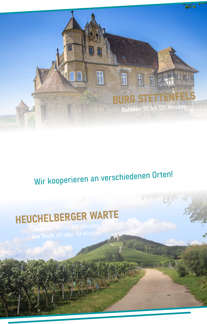 Eine Kooperationsinfo mit der Burg Stettenfels und der Heuchelberger Warte, wo Outdoour-Touren mit bis zu 250 Spieler gespielt werden können.