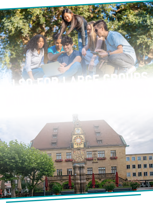 Ein Bild von einer jungen Gruppe und von dem Rathaus Heilbronn mit der Bildüberschrift: Also for large groups with up to 250 players.