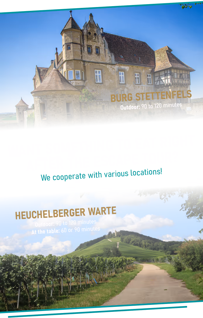Eine Kooperationsinfo mit der Burg Stettenfels und der Heuchelberger Warte, wo Outdoour-Touren mit bis zu 250 Spieler gespielt werden können.