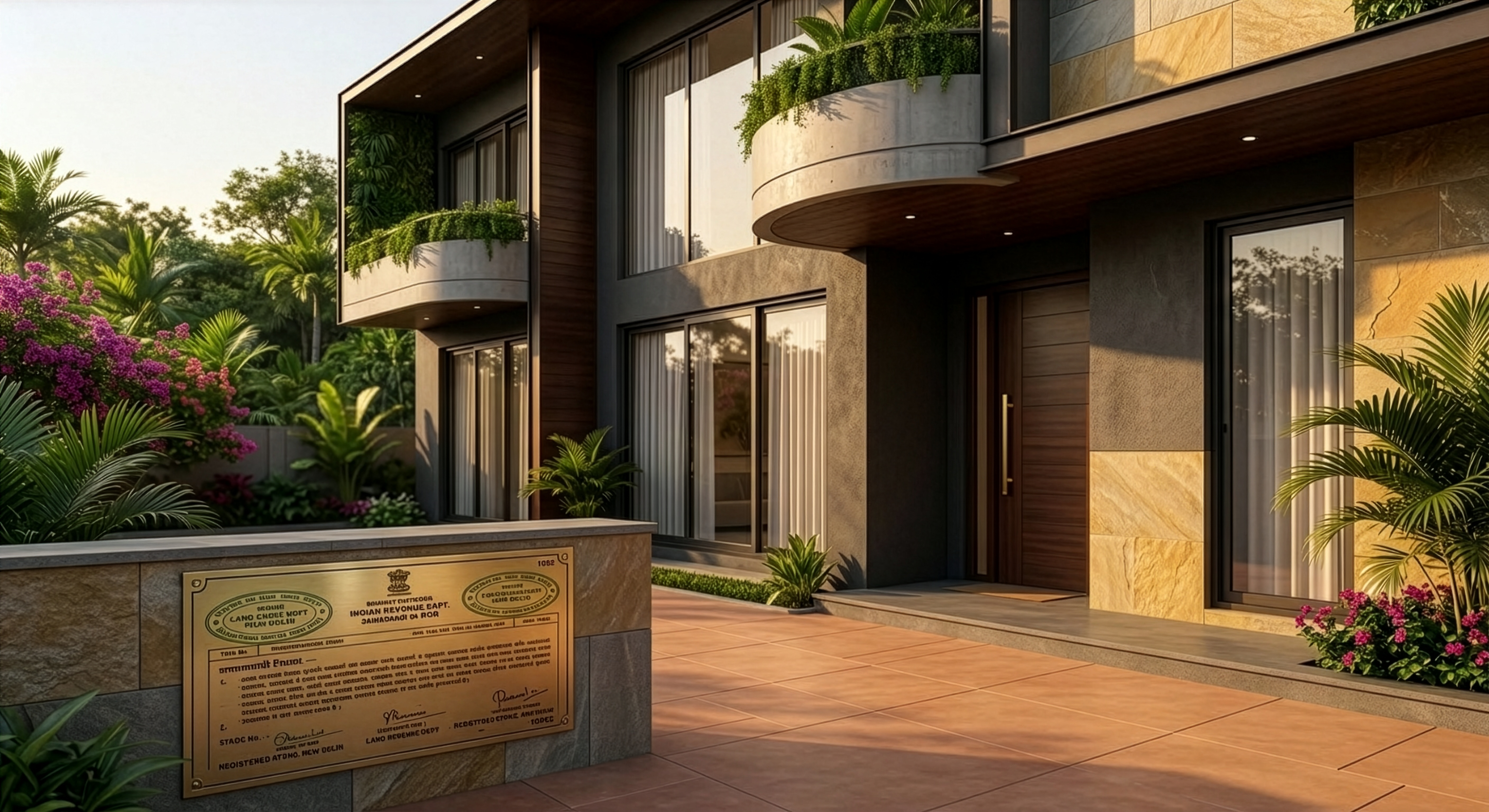 Modern house exterior with stone tiles, large windows, wooden door, balcony planters, and a metallic certificate plaque on a stone wall.