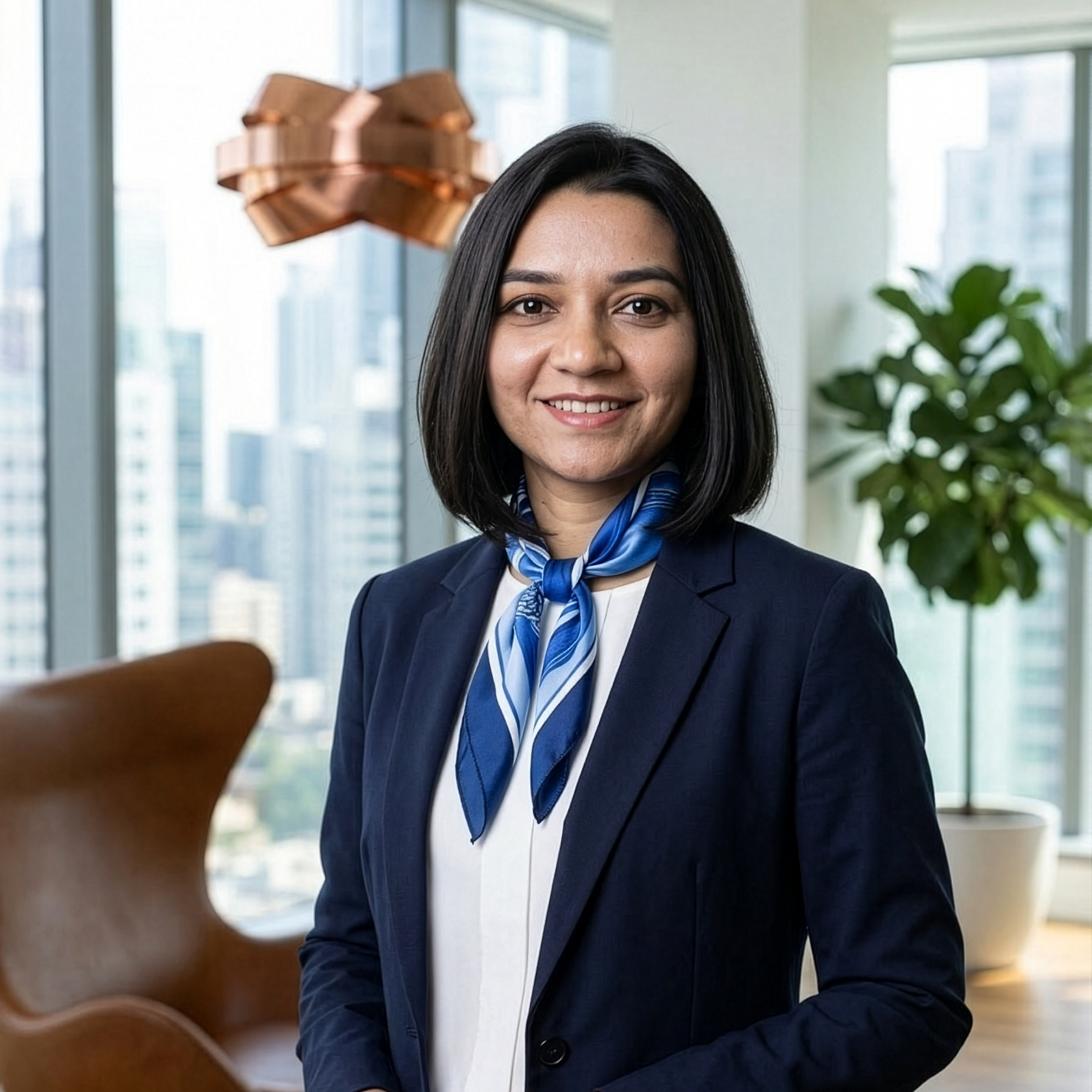 Smiling professional woman with shoulder-length black hair wearing a navy blazer and blue scarf in modern office.