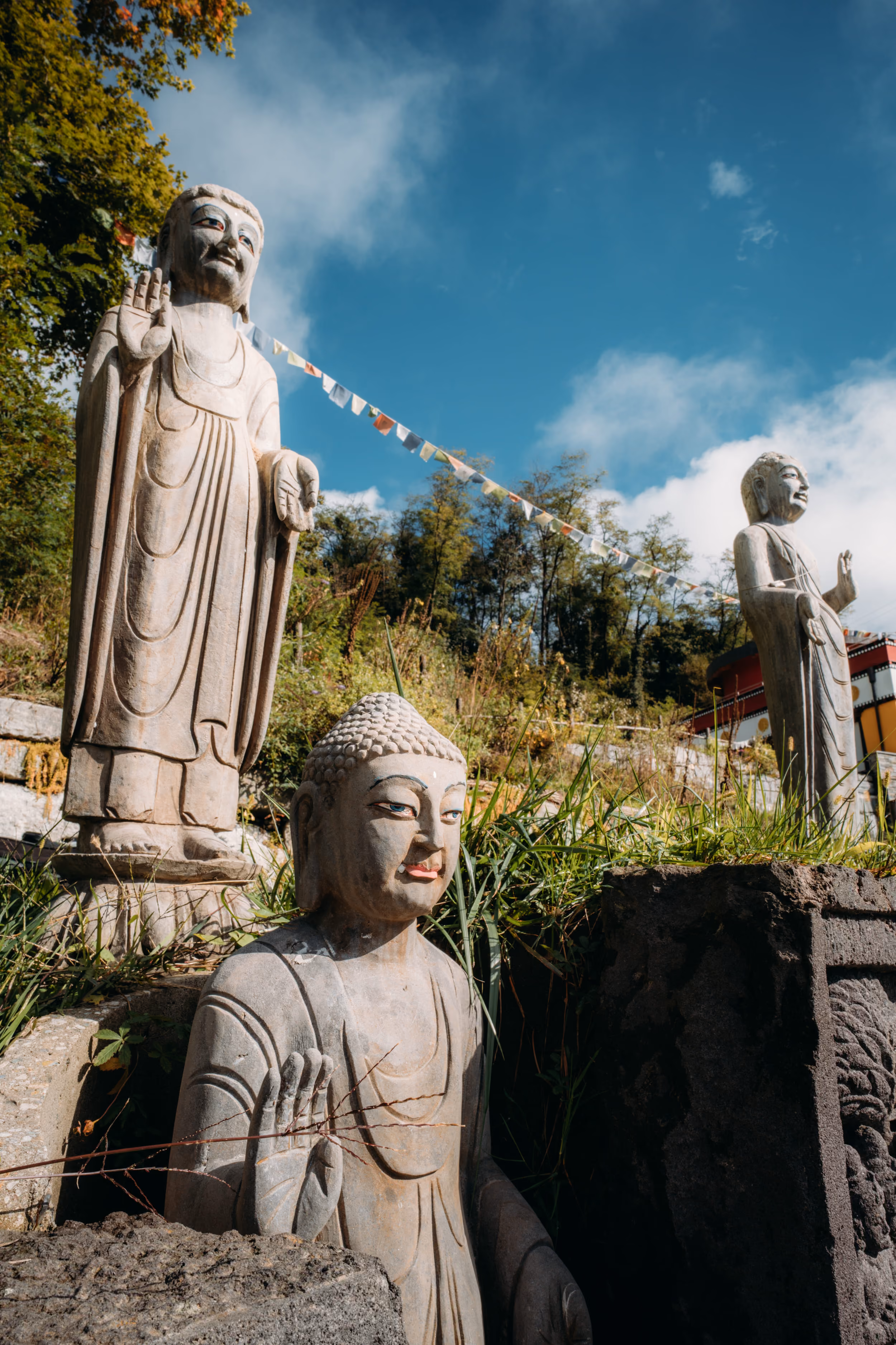 Three stone Buddha statues in various poses outdoors with a clear blue sky, green trees, and prayer flags in the background.