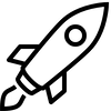 Black and white icon of a rocket ship angled upward with flames at the base.