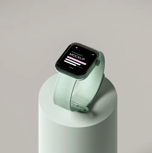 Smartwatch with a green fabric band displaying a mockup screen on a cylindrical pedestal.
