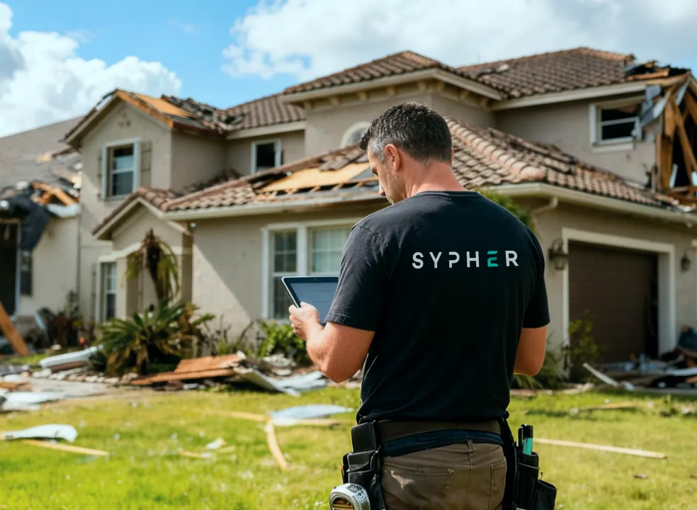 Man in a Sypher t-shirt using a tablet while inspecting a damaged house with a broken roof and debris in the yard.