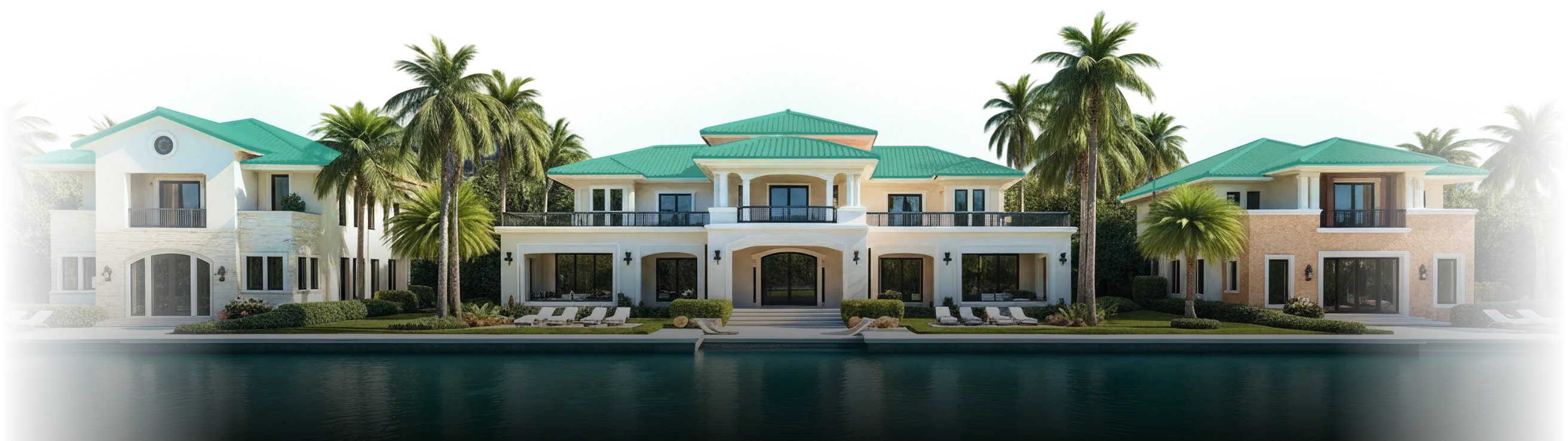 Luxurious waterfront estate with three connected buildings, green roofs, palm trees, and lounge chairs along the pool.