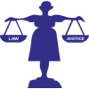 Silhouette of a woman holding balanced scales labeled 'Law' and 'Justice'.