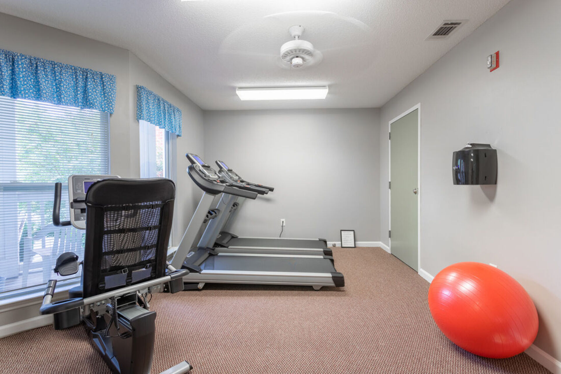 Fitness center with treadmills and yoga ball