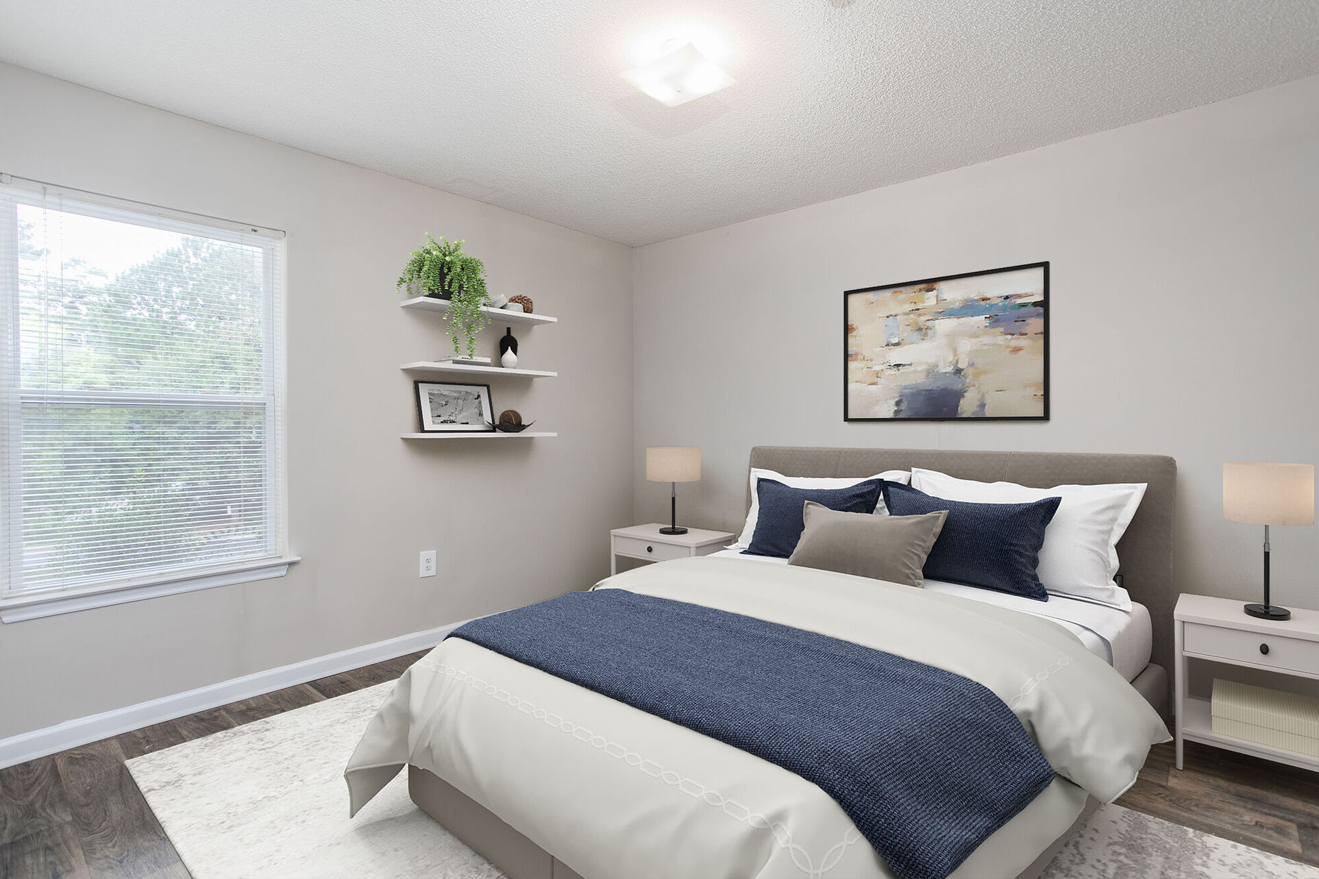 Virtual staged bedroom with bed, bedside table, and wall art