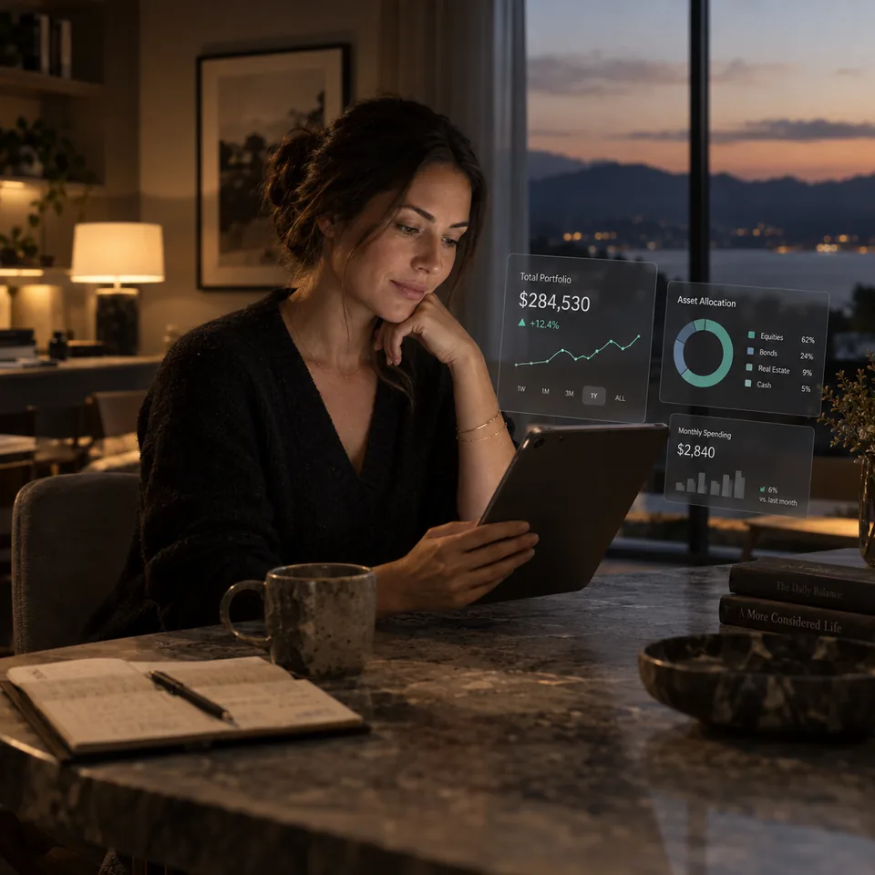 Illustration of a woman reviewing a tablet beside portfolio allocation and spending charts.