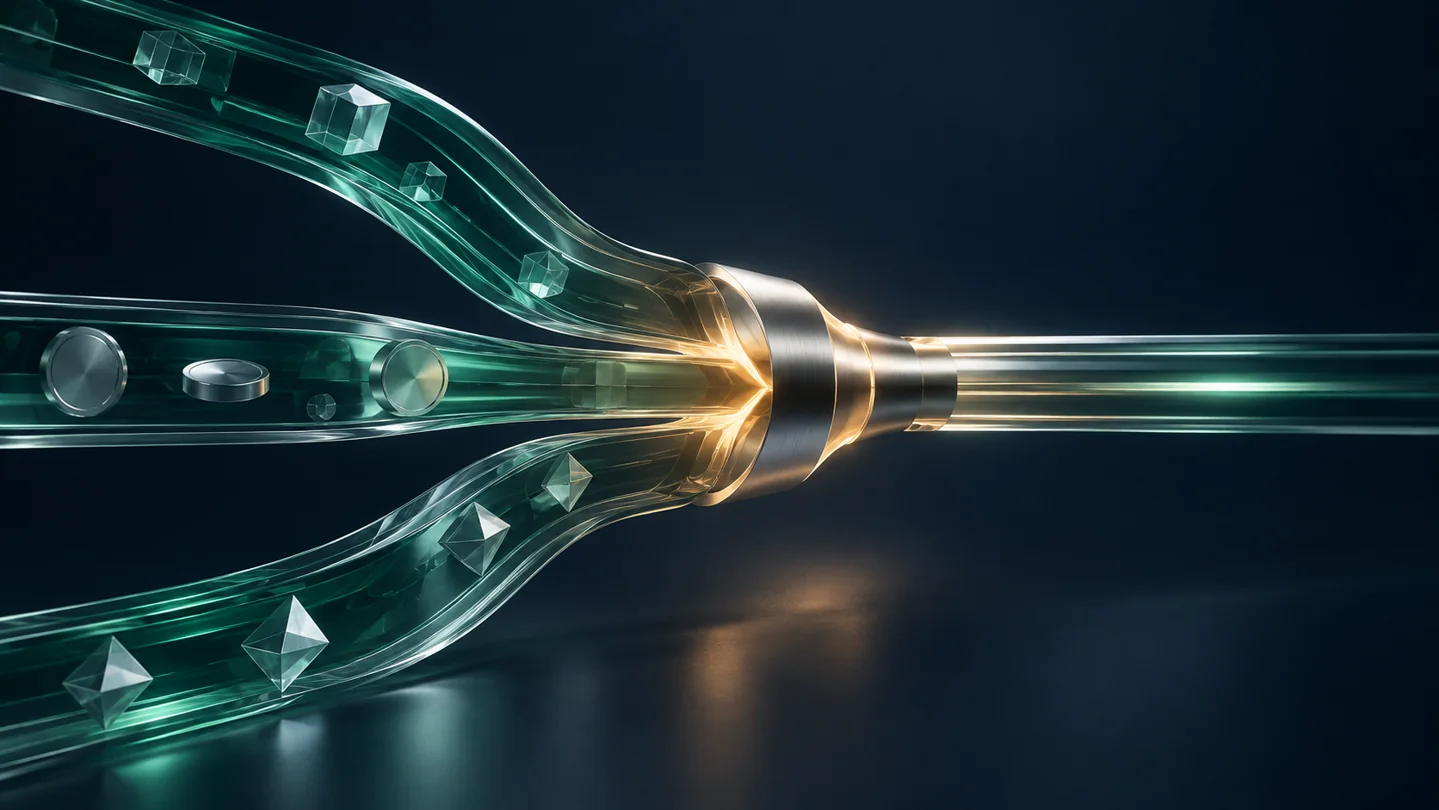 Emerald glass channels converge through a silver connector, illustrating financial account aggregation.